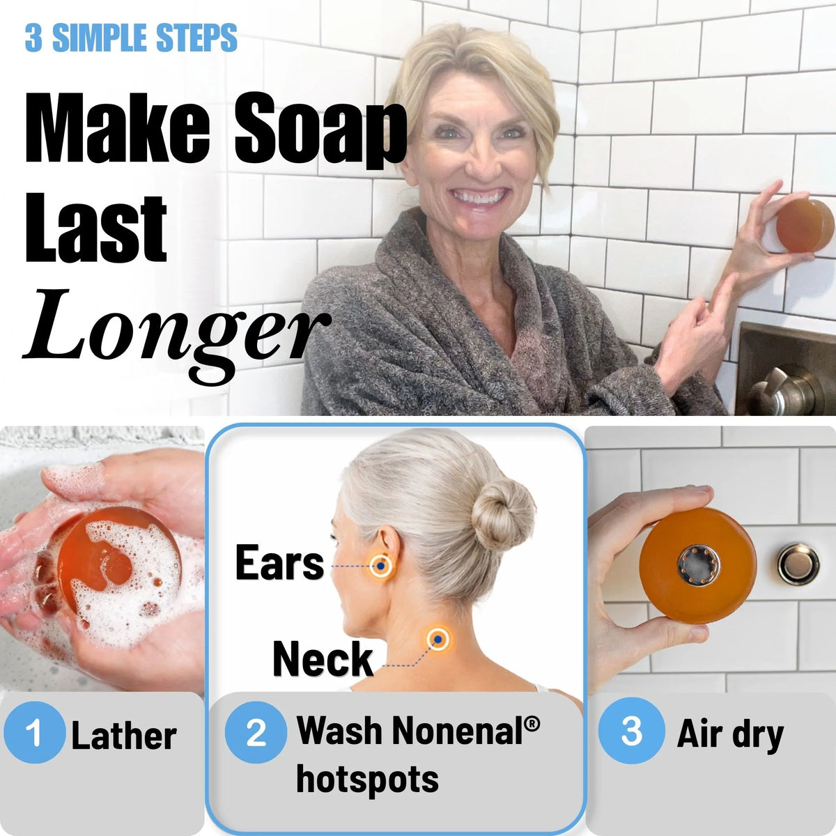 Mirai Clinical persimmon soap tips showing how to make soap last longer by targeting nonenal aging body odor areas and improving deodorizing hygiene routine.