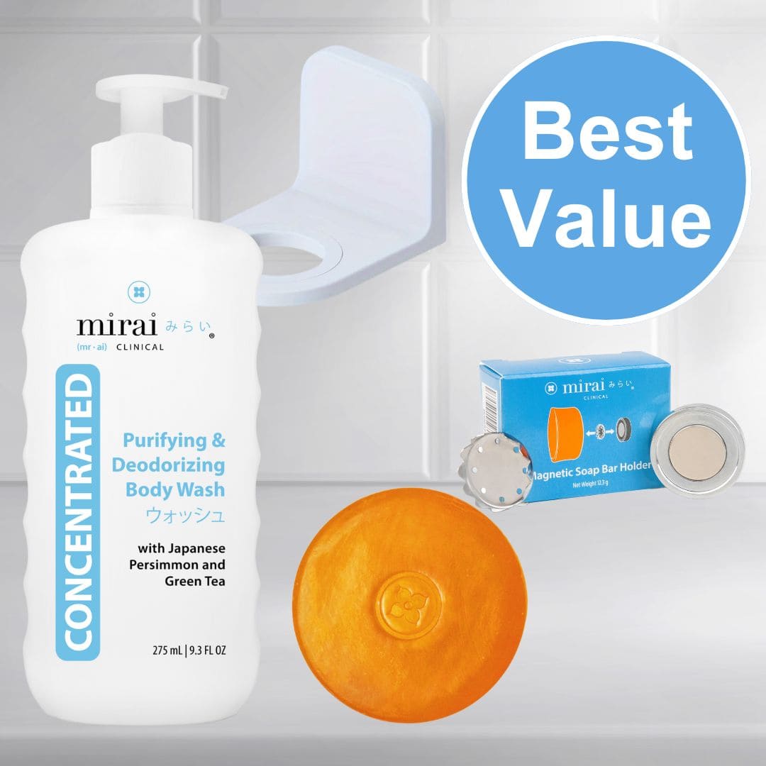 Mirai Clinical deodorizing soap and body wash with holders, best value bundle.