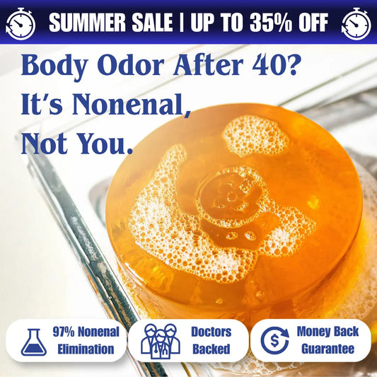 Mirai Clinical Persimmon Soap featured during a Summer Sale with up to 35% off. The image shows an orange soap bar with lather beside a sink and the headline, "Body Odor After 40? It's Nonenal, Not You." Icons highlight 97% nonenal elimination, doctor-backed formula, and a money-back guarantee.