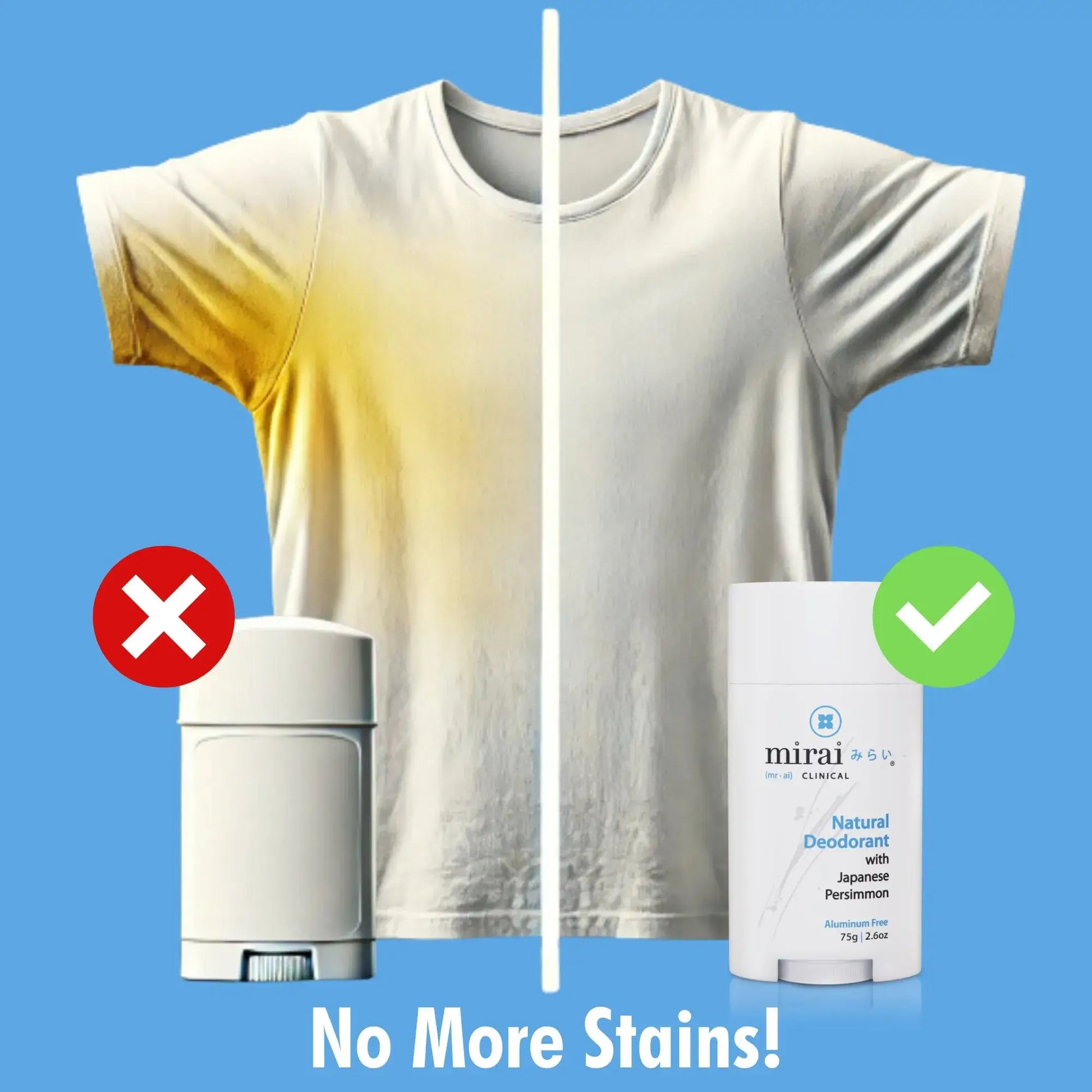 Mirai Clinical Deodorant, formulated to effectively reduce body odor without leaving stains on clothing.