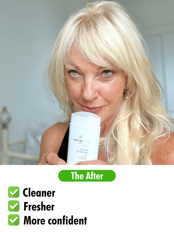 Woman looking happy and confident, feeling cleaner and fresher after using Mirai Clinical Deodorant Stick for effective nonenal reduction and body odor control.