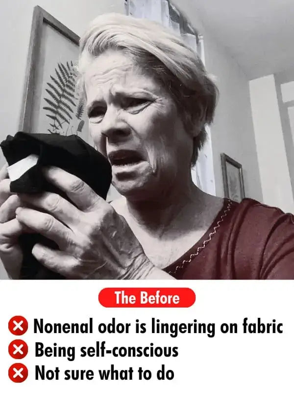 Distressed elderly woman smelling her clothing with a frown, before using Mirai Clinical's Deodorizing Soap Bar, highlighting struggles with nonenal body odor.