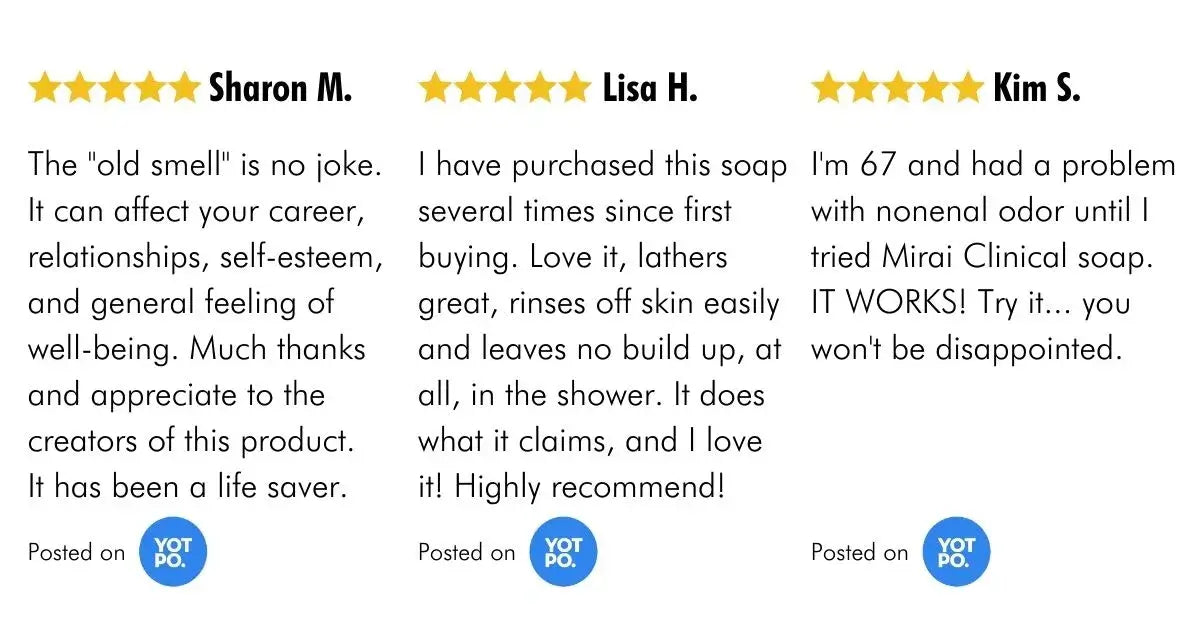 Customer review of Mirai Clinical Deodorizing Soap, highlighting its effectiveness in reducing nonenal and body odor.