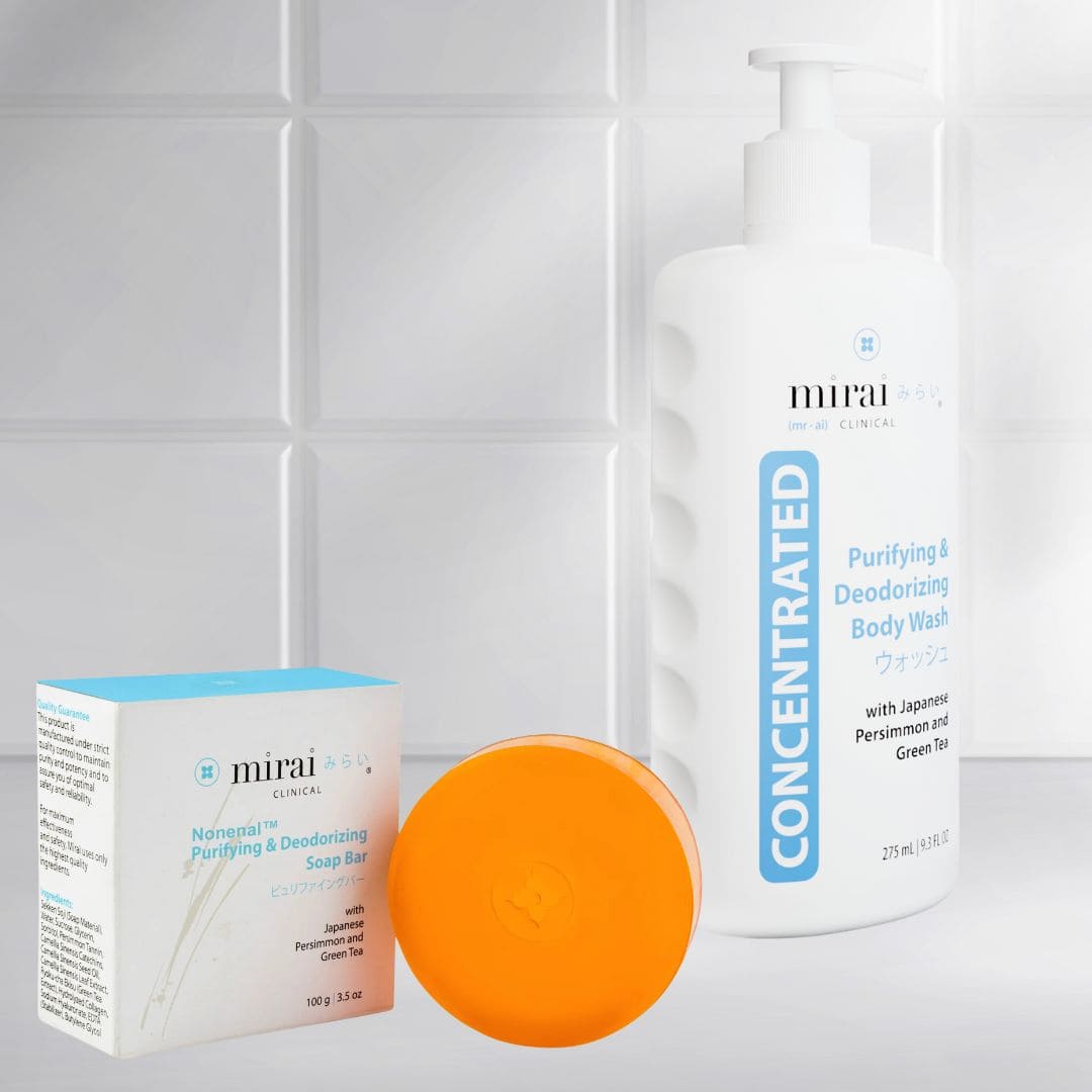 Mirai Clinical Purifying & Deodorizing Soap and Body Wash with Japanese persimmon and green tea, designed to effectively reduce nonenal and body odor.