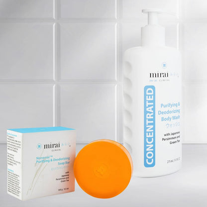 Mirai Clinical Purifying & Deodorizing Soap and Body Wash with Japanese persimmon and green tea, designed to effectively reduce nonenal and body odor.