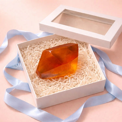 Mirai Clinical persimmon diamond soap bar in open gift box packaging, deodorizing body care designed to help reduce nonenal aging body odor.