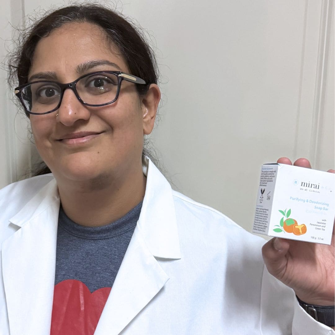 Dr. Vidya Vijayaraghavan with Mirai Clinical persimmon deodorizing soap for Nonenal odor.