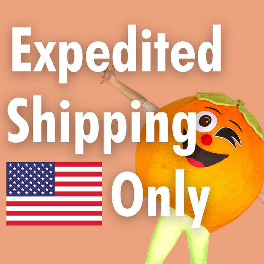 Mirai Clinical Expedited Shipping only for USA banner with a persimmon mascot and American flag.