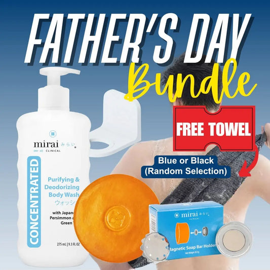 Father's Day Gift Set: Mirai Clinical Purifying & Deodorizing Body Wash with persimmon & green tea, soap bar, magnetic soap holder, and free towel.
