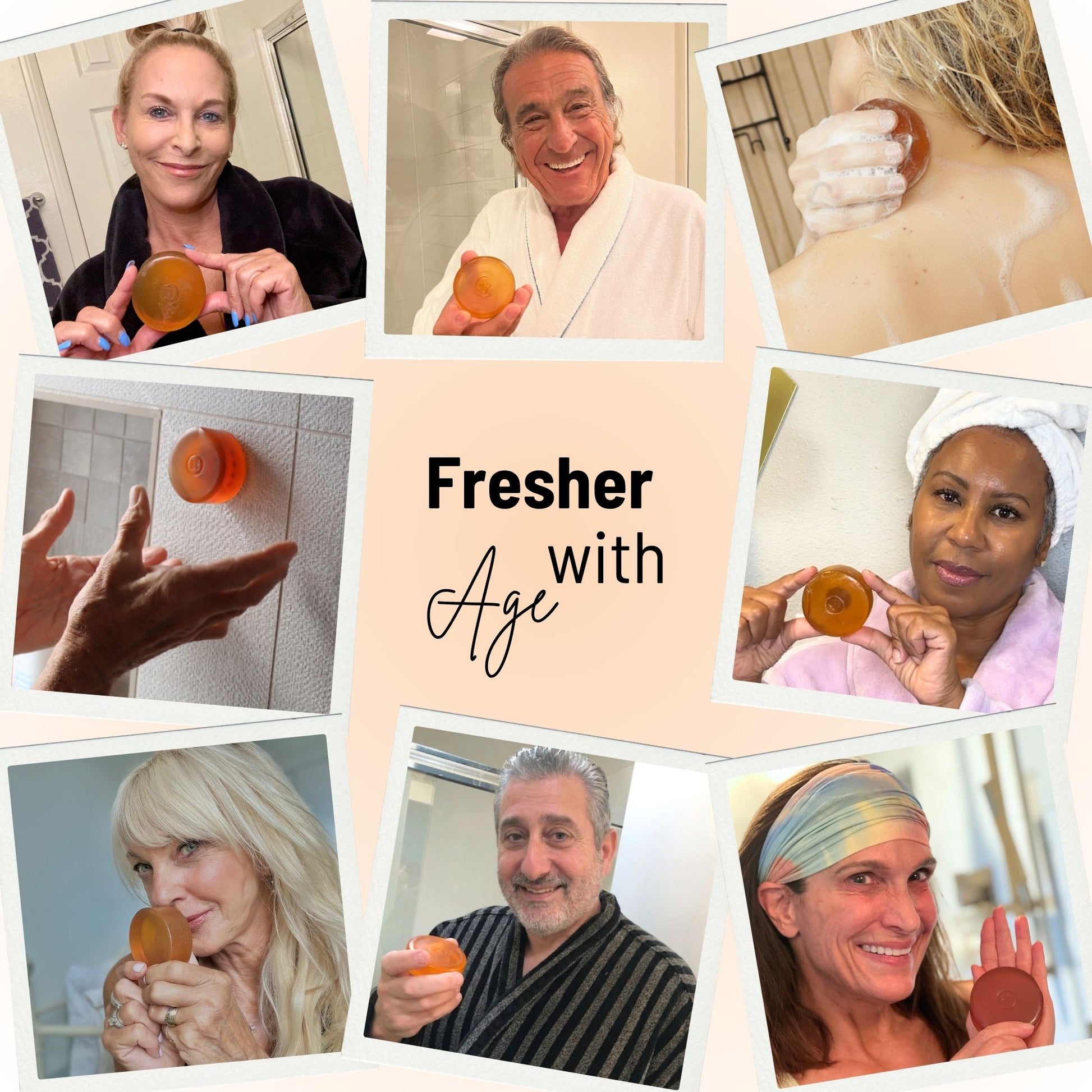 Mirai Clinical “Fresher with Age” collage featuring adults using persimmon deodorizing soap for aging odor and Nonenal body odor support.