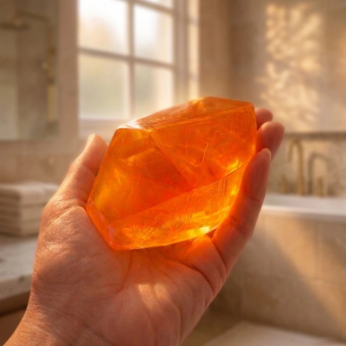 Hand holding Mirai Clinical persimmon diamond soap bar for deodorizing body care to help eliminate nonenal aging body odor and support daily hygiene.