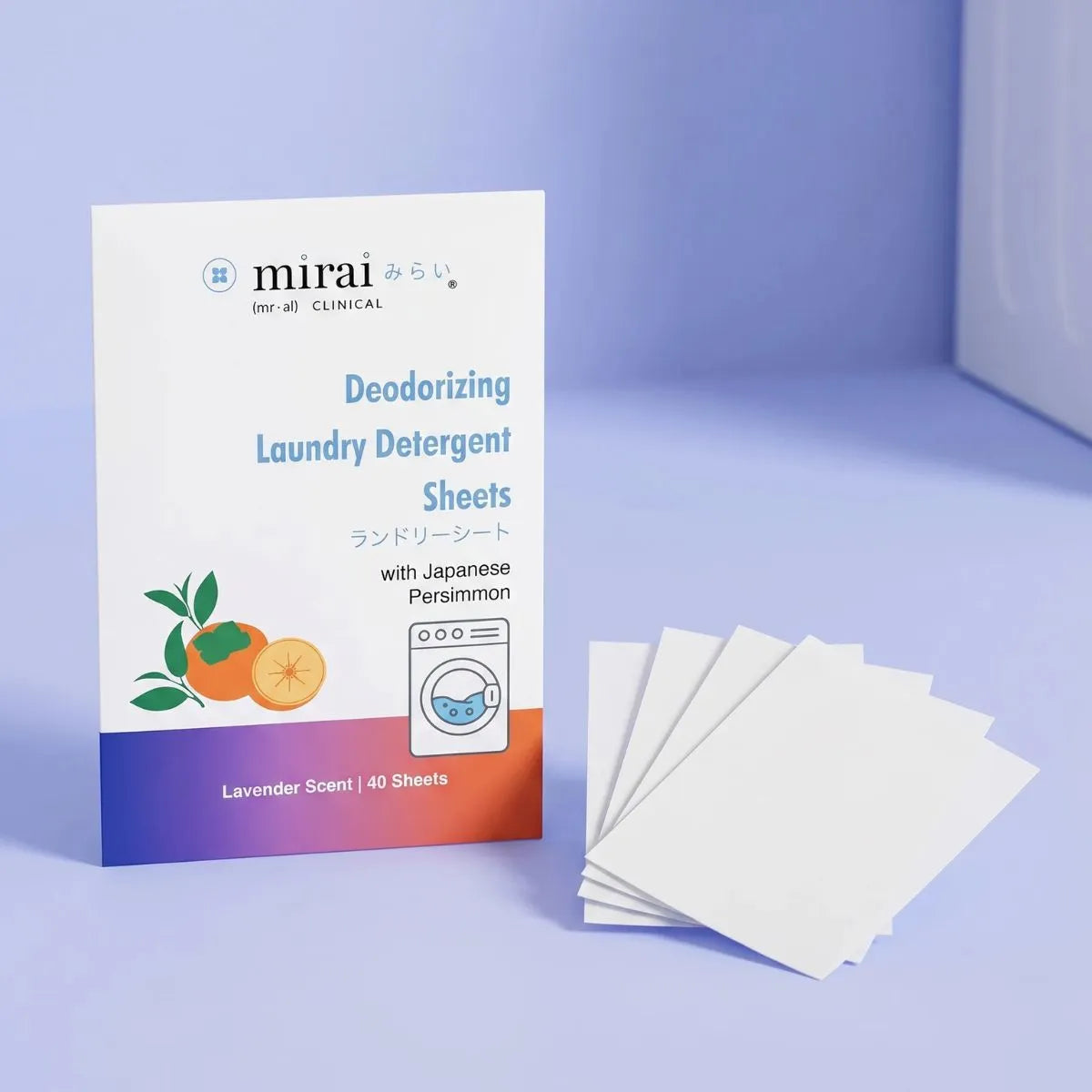 Mirai Clinical persimmon deodorizing laundry detergent sheets designed to remove body odor and nonenal aging odor from clothes for fresh clean fabrics.