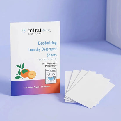 Mirai Clinical persimmon deodorizing laundry detergent sheets designed to remove body odor and nonenal aging odor from clothes for fresh clean fabrics.
