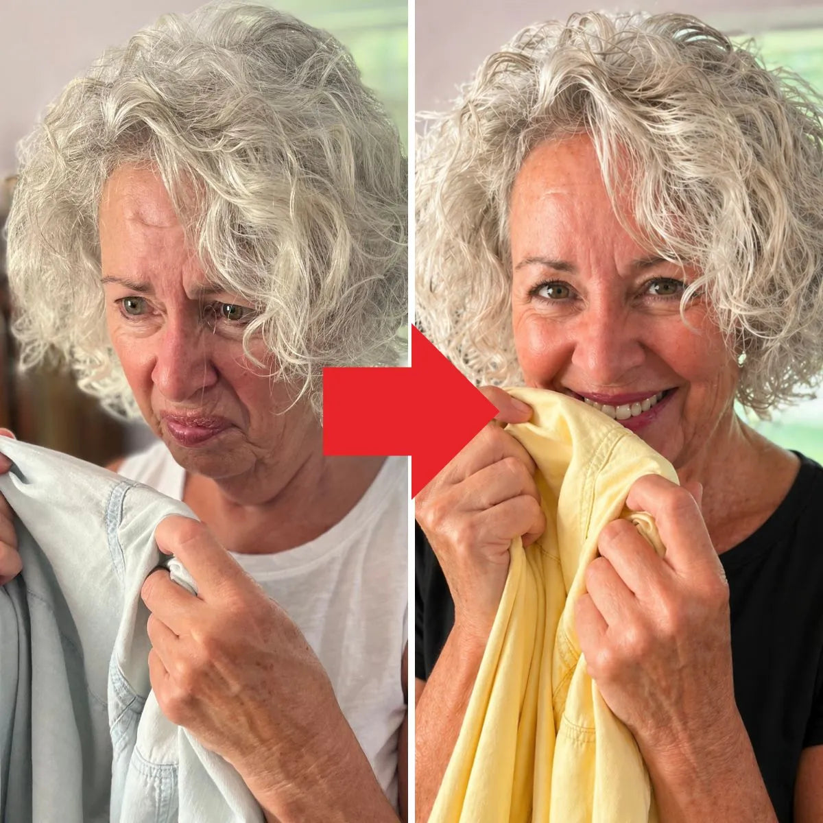 Before and after image of woman smelling shirt with odor, then smiling after laundry treatment removes odor from clothing.