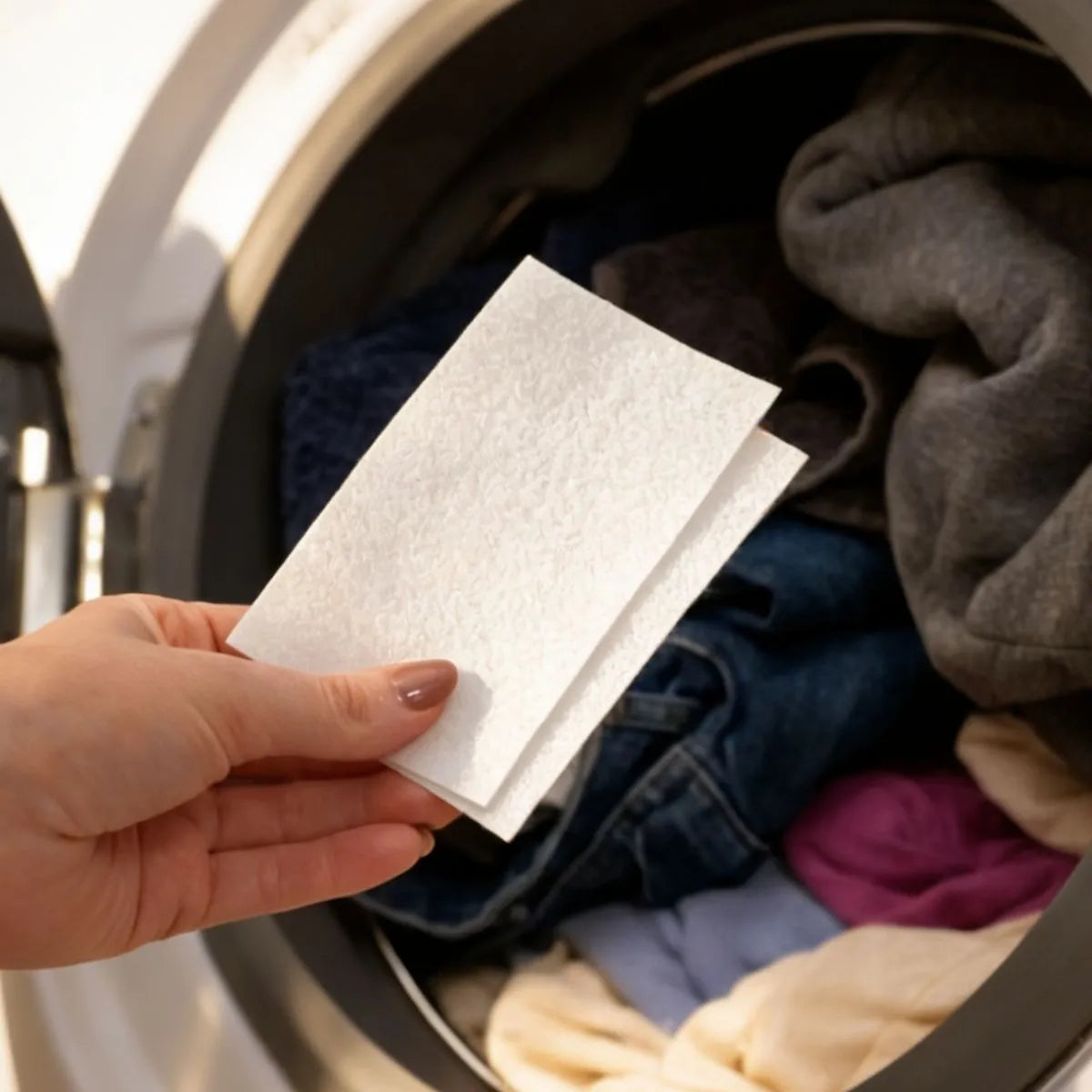 Hand placing Mirai Clinical laundry detergent sheet into washing machine with clothes for deodorizing and removing odor from laundry.