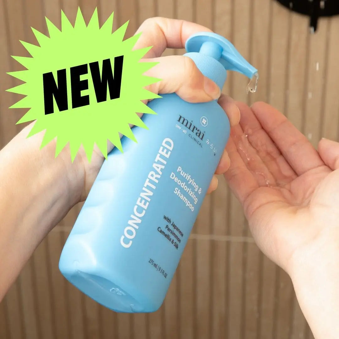 Mirai Clinical Purifying & Deodorizing Shampoo bottle with Japanese persimmon and camellia, designed to cleanse and nourish hair while deodorizing.