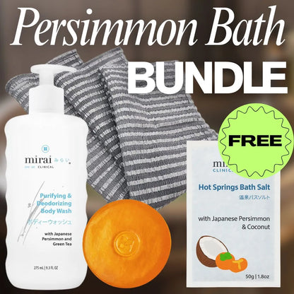 Mirai Clinical Persimmon Bath Bundle featuring purifying and deodorizing body wash, soap bar, premium towel, and Japanese hot spring bath powder, promoting relaxation and odor control.