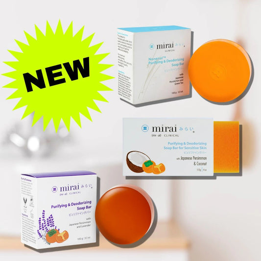 Mirai Clinical Persimmon Soap Trio featuring Purifying & Deodorizing soap bars with Japanese Persimmon, Coconut, and Lavender for natural odor control.