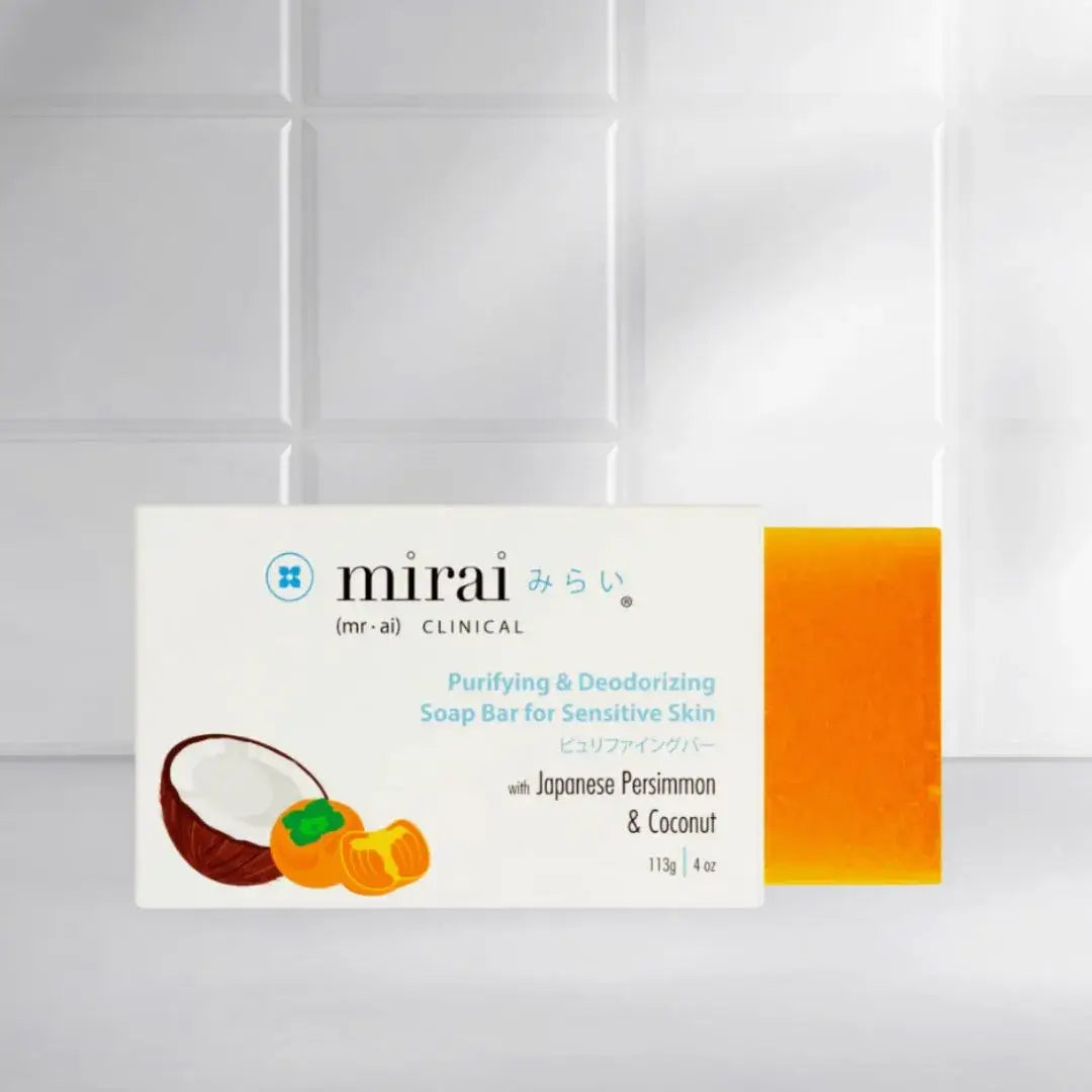 Mirai Clinical Sensitive Soap Bar with Japanese persimmon extract and coconut oil, formulated for gentle cleansing and effective nonenal reduction.