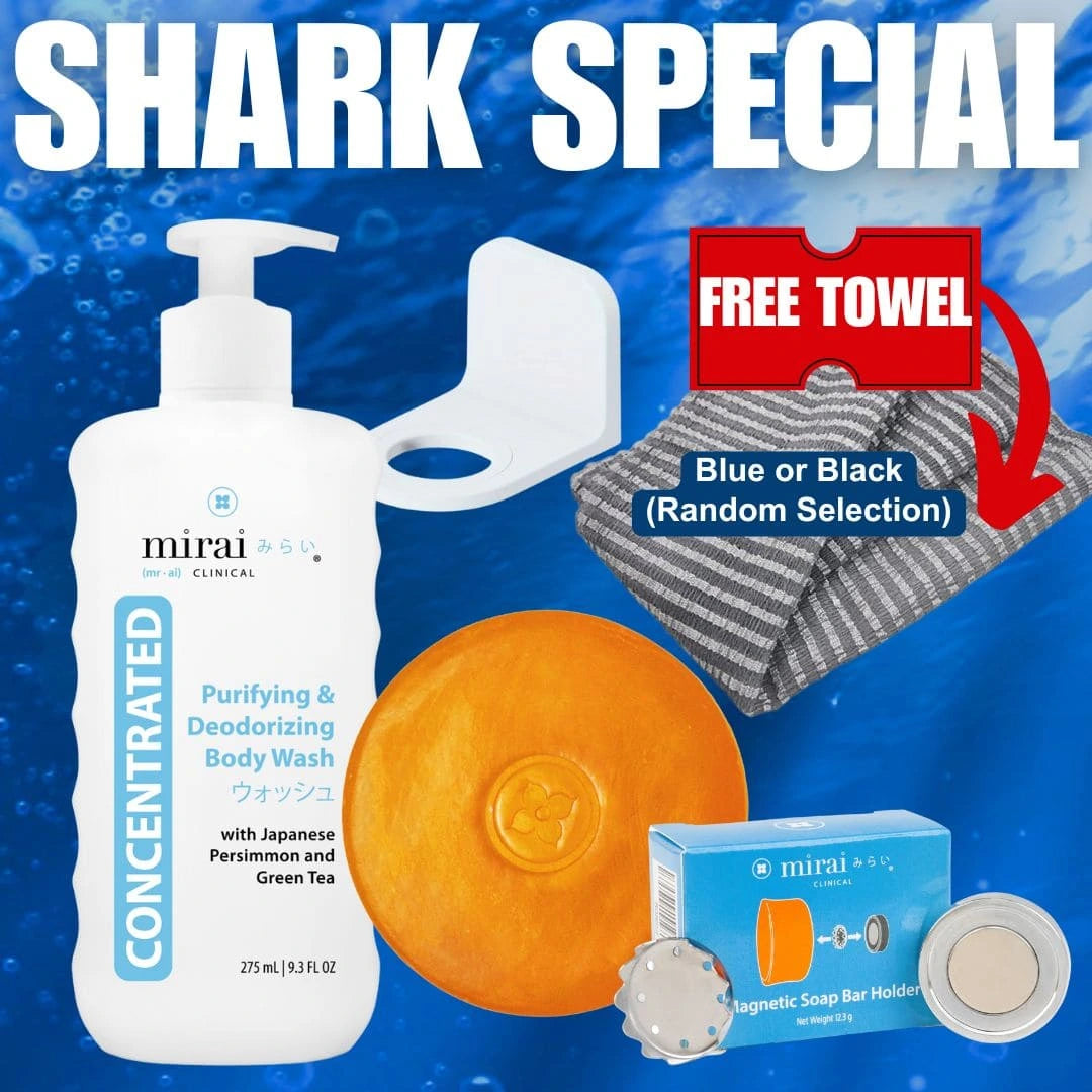 Shark Tank Special: Mirai Clinical Purifying & Deodorizing Body Wash with persimmon & green tea, soap bar, magnetic soap holder, and free towel (blue or black).
