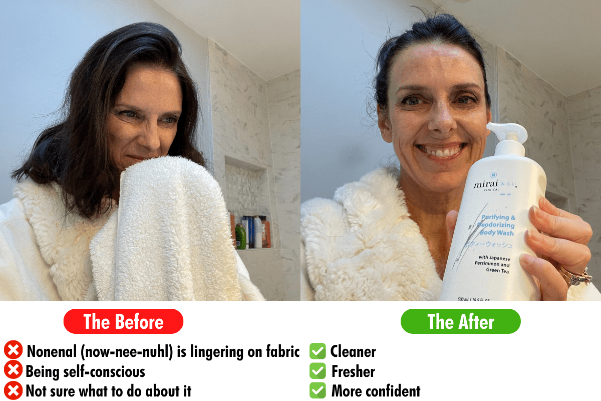 Before and after comparison images demonstrating the results of using Mirai Clinical body wash, highlighting improved skin appearance and reduced body odor.