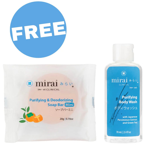 Mirai Clinical Travel Size Duo Bundle Set featuring a deodorizing soap bar mini and body wash mini with Japanese persimmon and green tea extracts, offered as a free gift.