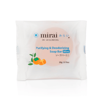 Front view of Mirai Clinical Mini Soap Package, featuring persimmon extract for nonenal and body odor elimination, ideal for travel-sized convenience.