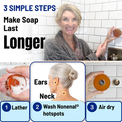 Infographic showing three simple steps to make deodorizing soap last longer: lather the soap, wash Nonenal odor hotspots like ears and neck, and air dry the soap after use.