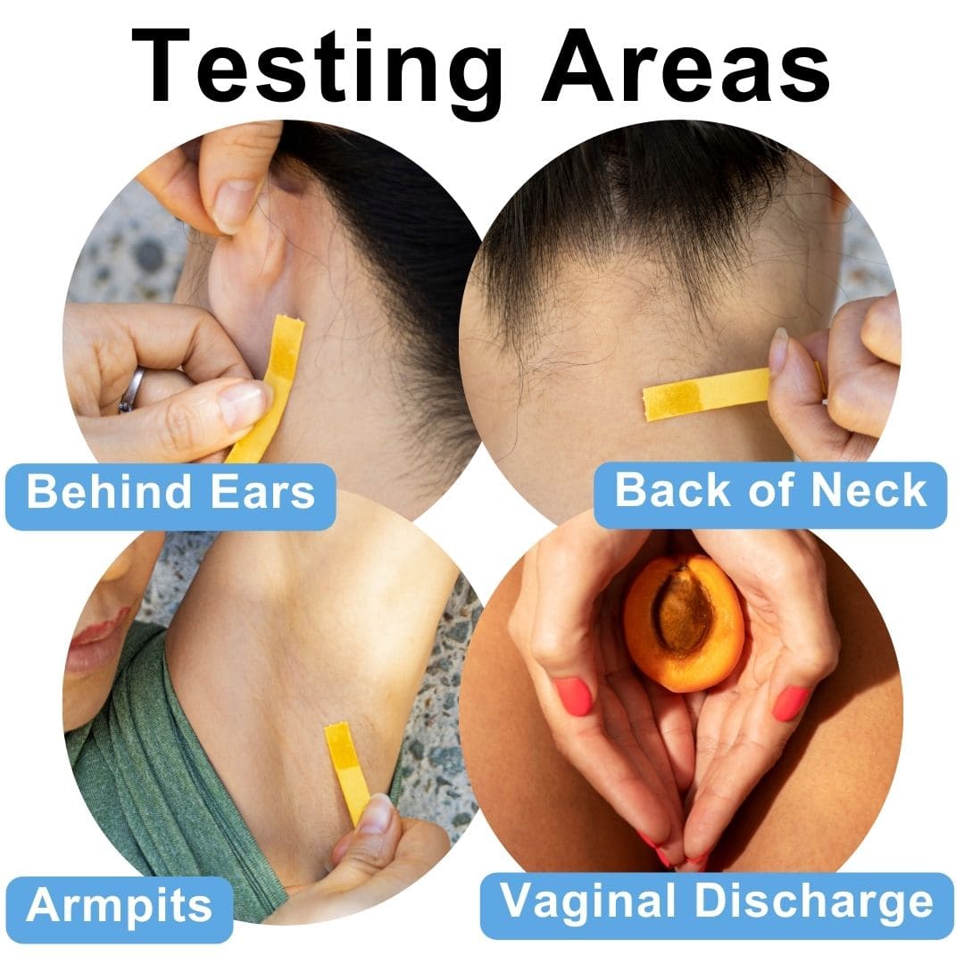 Mirai Clinical sweat test areas: behind ears, back of neck, armpits, vaginal discharge.