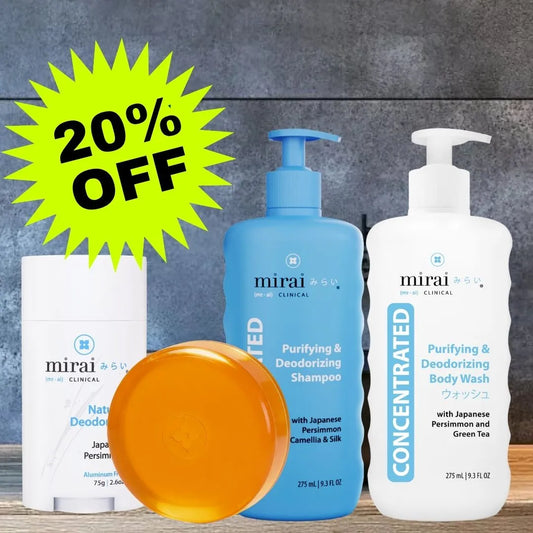 Mirai Clinical Total Body Deodorizing Set with 20% off, featuring soap, shampoo, and body wash