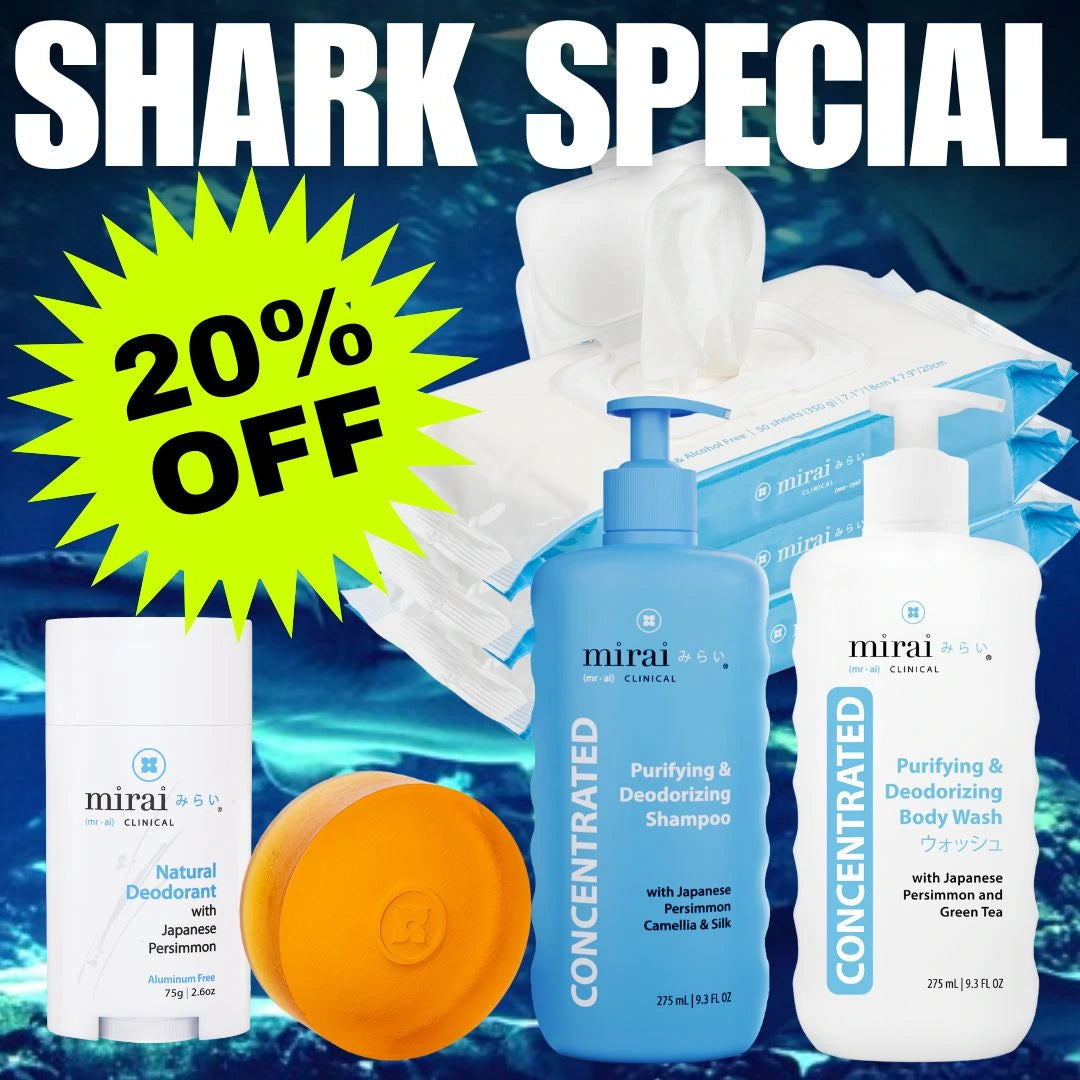 Mirai skincare products with promotional text on a blue underwater-themed background