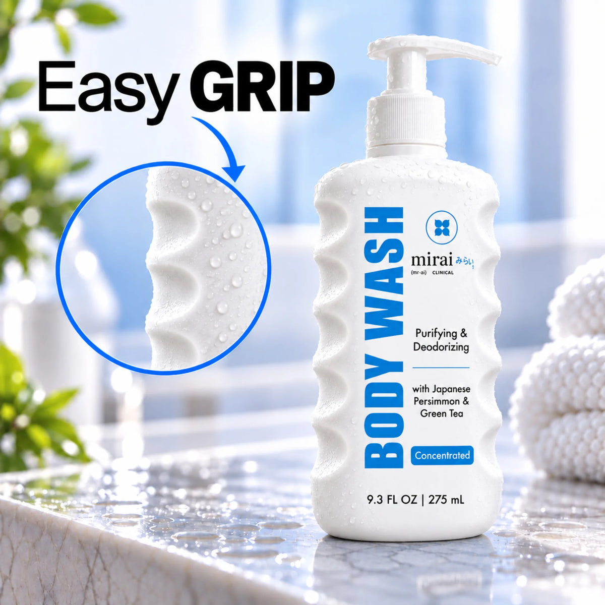 Mirai Clinical Purifying & Deodorizing Body Wash with Japanese Persimmon & Green Tea on a wet bathroom counter, with a close-up of the finger grooves on the side of the bottle. Text: Easy grip.