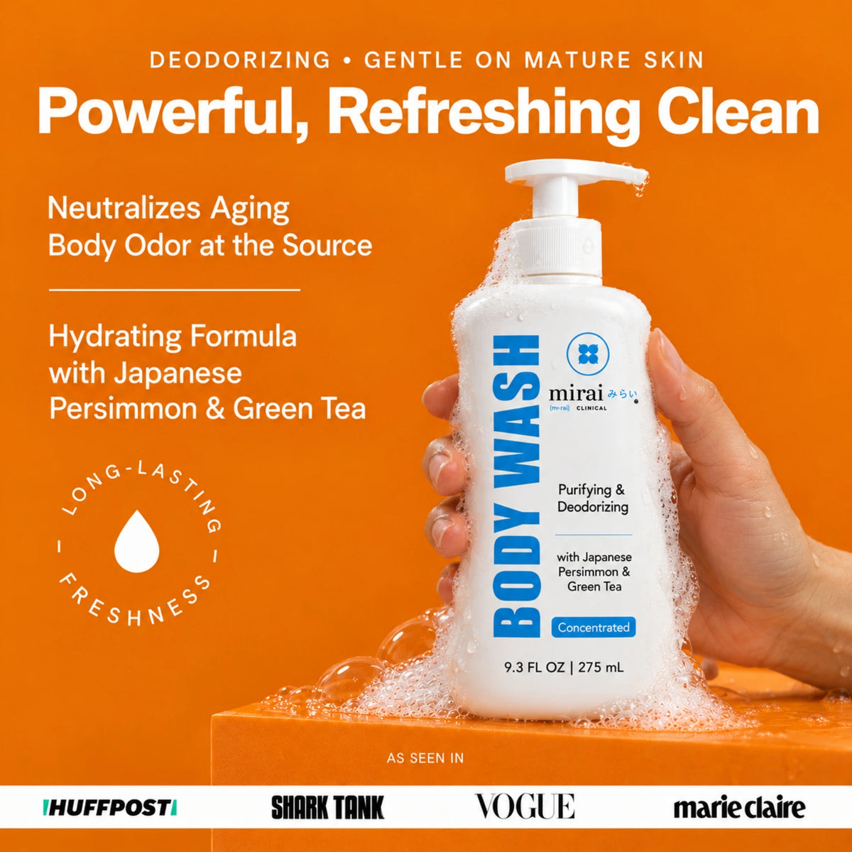 Hand holding a foamy bottle of Mirai Clinical Body Wash on an orange background. Text: Powerful, refreshing clean. Neutralizes aging body odor at the source, hydrating formula with Japanese persimmon and green tea, long-lasting freshness. As seen in HuffPost, Shark Tank, Vogue and Marie Claire.