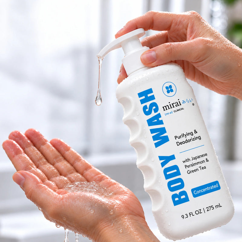 Hand pumping Mirai Clinical Purifying & Deodorizing Body Wash with Japanese Persimmon & Green Tea into a wet open palm, showing the easy-grip finger grooves on the side of the bottle.