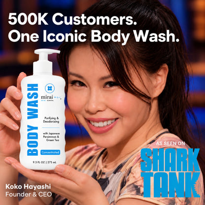Mirai Clinical founder and CEO Koko Hayashi smiling and holding Mirai Clinical Body Wash, as seen on Shark Tank. Text: 500K customers. One iconic body wash.