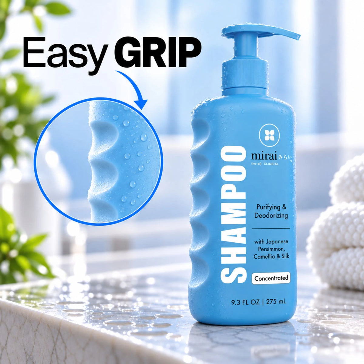 Mirai Clinical Purifying & Deodorizing Shampoo on a wet bathroom counter, with a close-up of the finger grooves on the side of the bottle. Text: Easy grip.
