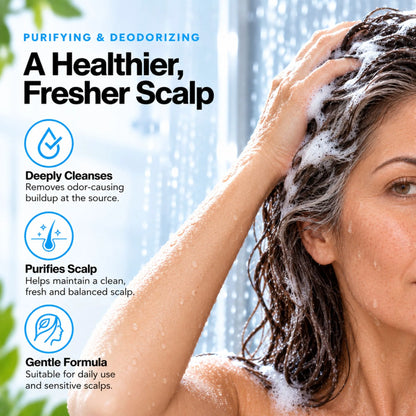 Woman lathering Mirai Clinical Shampoo into her hair in the shower. Text: Purifying & deodorizing, a healthier, fresher scalp. Deeply cleanses odor-causing buildup, purifies the scalp, and a gentle formula suitable for daily use and sensitive scalps.