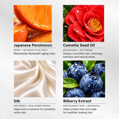 Mirai Clinical Shampoo key ingredients: Japanese persimmon neutralizes Nonenal aging odor, camellia seed oil nourishes hair for softness and shine, silk helps lock in moisture, and bilberry extract helps protect hair and scalp.