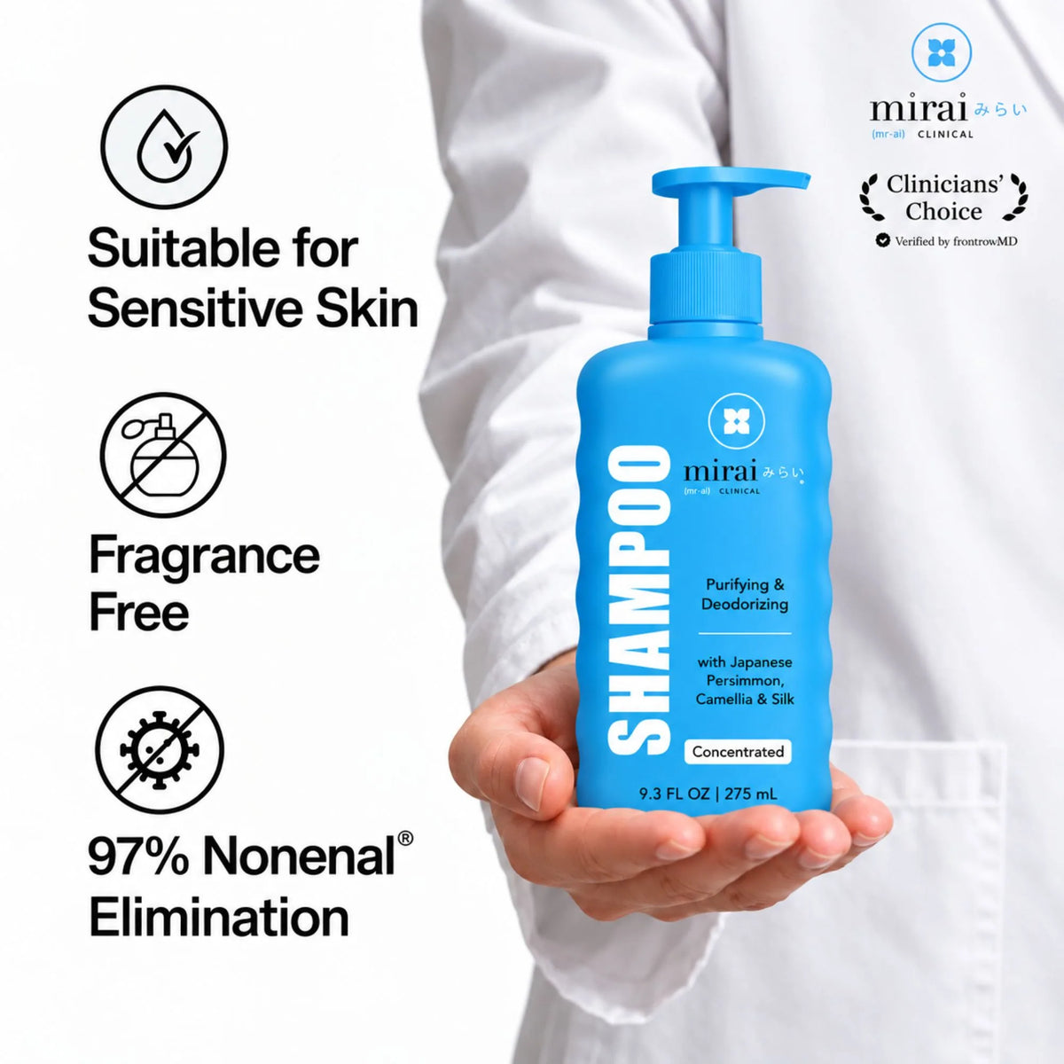 Clinician in a white coat holding Mirai Clinical Shampoo with a Clinicians' Choice badge verified by frontrowMD. Icons: suitable for sensitive skin, fragrance free, 97% Nonenal elimination.