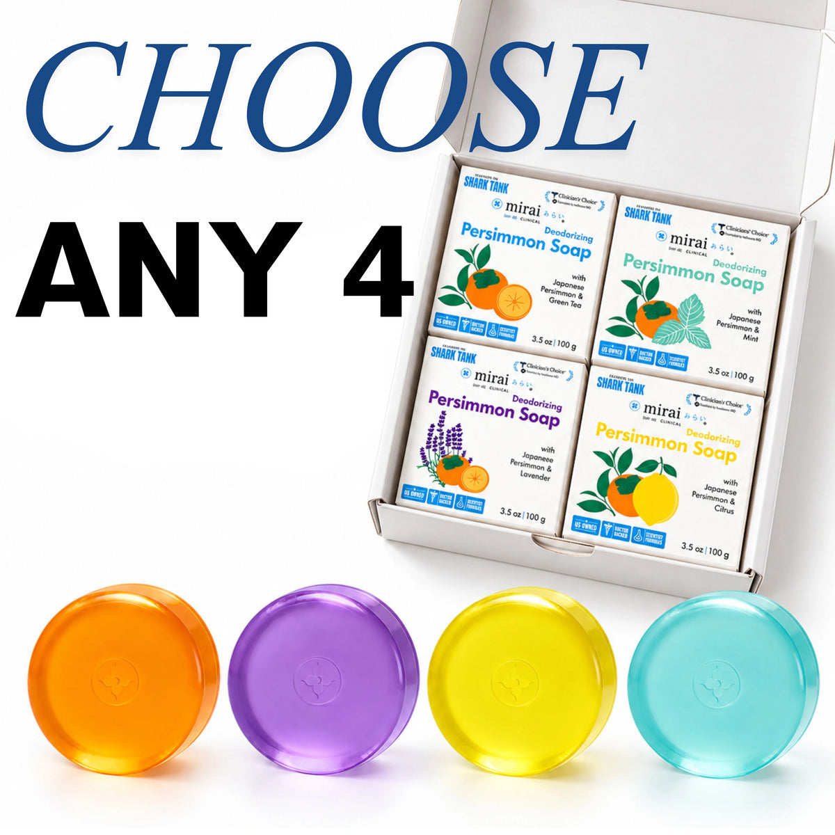 Mirai Clinical Deodorizing Persimmon Soap choose-any-4 bundle: an open gift box with four 3.5 oz soap bars in Japanese Persimmon with Green Tea, Mint, Lavender and Citrus, with matching orange, purple, yellow and teal bars in front. Text: Choose any 4.