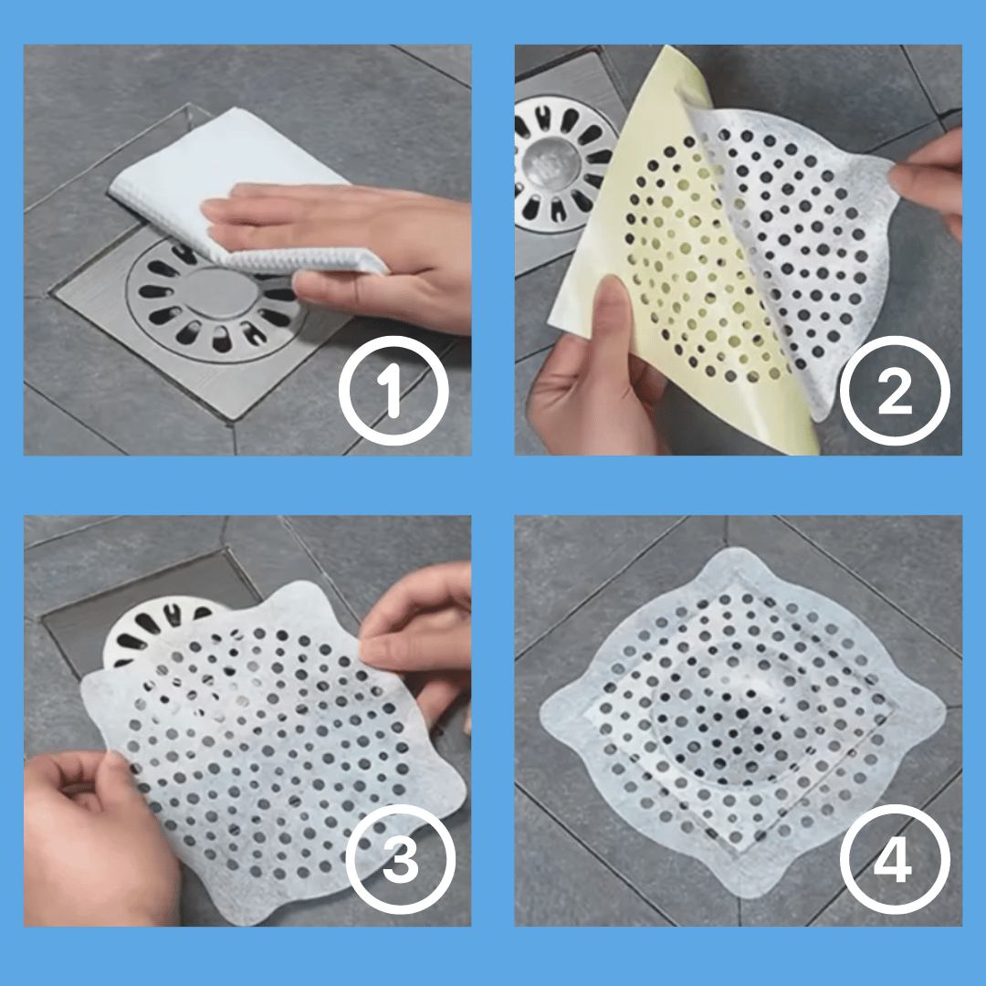 Four-step guide illustrating the application of Mirai Clinical's hair catcher, from positioning to ensuring optimal performance in trapping hair and preventing drain clogs