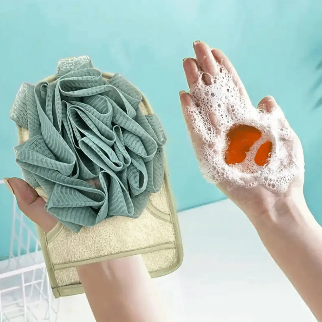 Mirai Clinical's green sponge paired with a deodorizing soap bar, formulated to synergistically cleanse and combat nonenal body odor while providing a refreshing bathing experience
