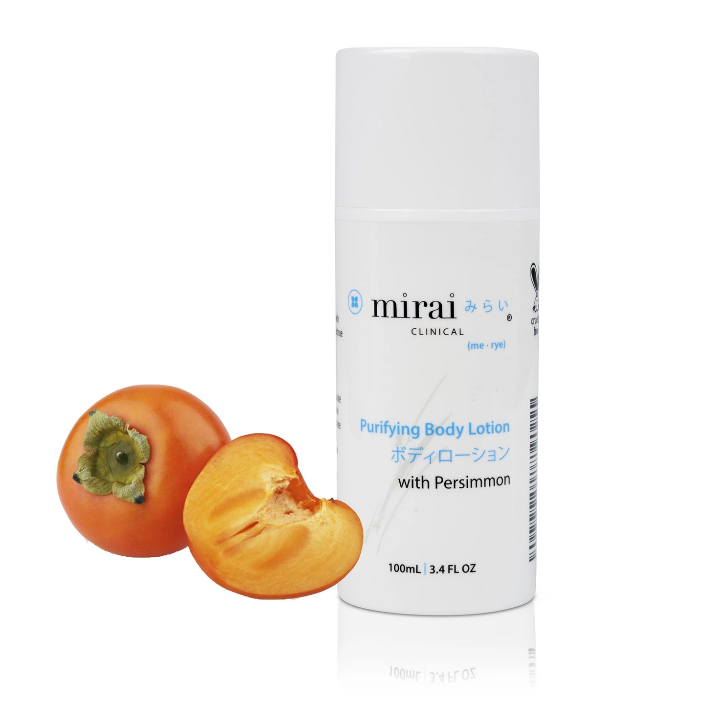 Front view of Mirai Clinical's Purifying Body Lotion bottle, enriched with the natural benefits of persimmon extract, specially formulated to offer deep hydration and effectively neutralize nonenal body odor.