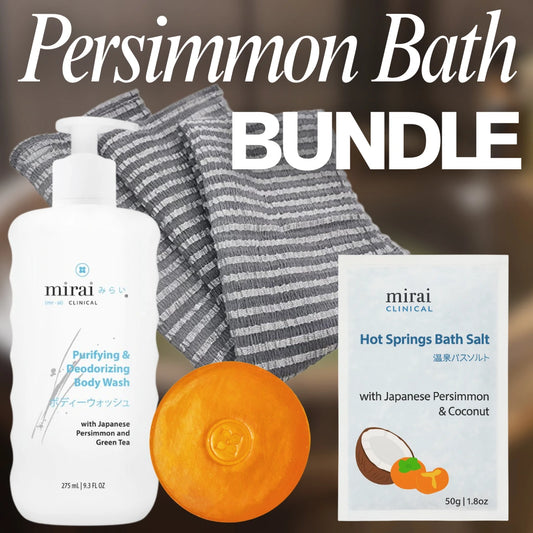 Mirai Clinical Persimmon Bath Bundle featuring purifying and deodorizing body wash, soap bar, premium towel, and Japanese hot spring bath powder, promoting relaxation and odor control.