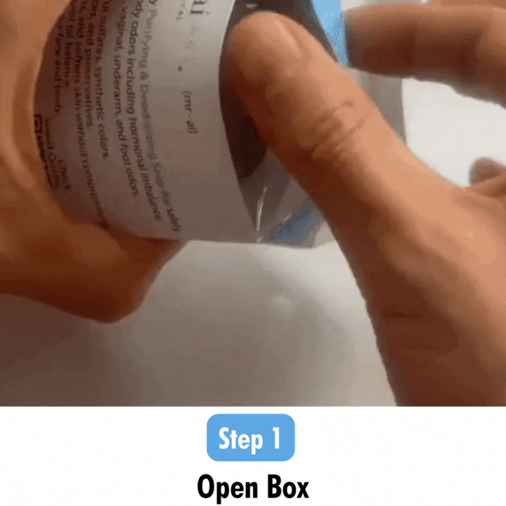 Animated GIF showcasing how to open the box of Mirai Clinical's deodorizing soap formulated with persimmon, designed to combat nonenal body odor associated with aging.