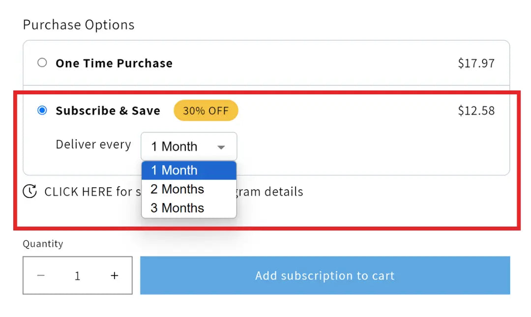 Step 1: Choose Your Subscription Plan - Subscription options displayed with 'Subscribe & Save' offering 30% off. Customers can select delivery frequency every 1 month, 2 months, or 3 months, with pricing and quantity selection available.