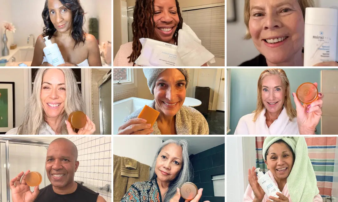 Step 3: Easy to Manage - Grid of happy Mirai Clinical customers showcasing a variety of products, including deodorizing soap bars, body wash, deodorants, and body wipes. Customers are smiling, highlighting their satisfaction with the products.