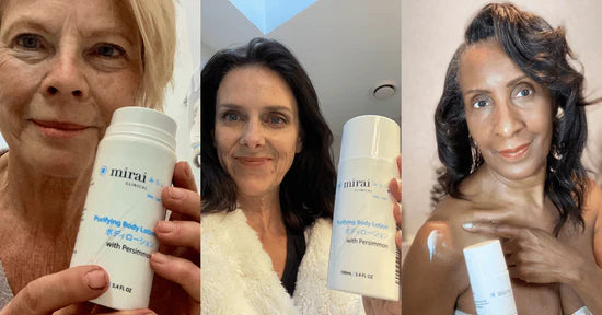 Three women holding and endorsing Mirai Clinical's persimmon-infused Body Lotion, celebrating its moisturizing and deodorizing effects against nonenal odor.