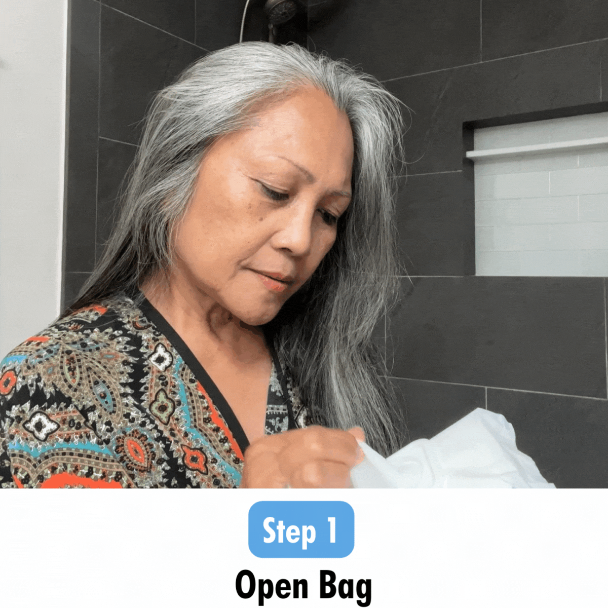 GIF of a woman efficiently opening a bag of Mirai Clinical deodorizing wipes infused with persimmon, illustrating Step 1 in the recommended usage process."  This ALT text provides a clear and concise description of the main subject, her action, the product's brand and its key feature, ensuring users get a clear idea of the GIF's content even if they can't visually experience it
