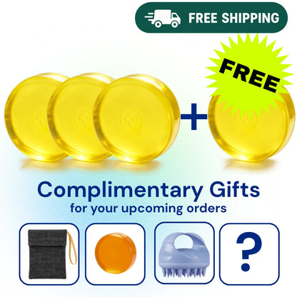 Promotional graphic showing four round translucent yellow items, with text reading 'FREE SHIPPING' and 'Complimentary Gifts for your upcoming orders.' Below, four small preview images include a black pouch, an orange round item, a lavender scrubber-like tool, and a question mark indicating surprise included gifts.